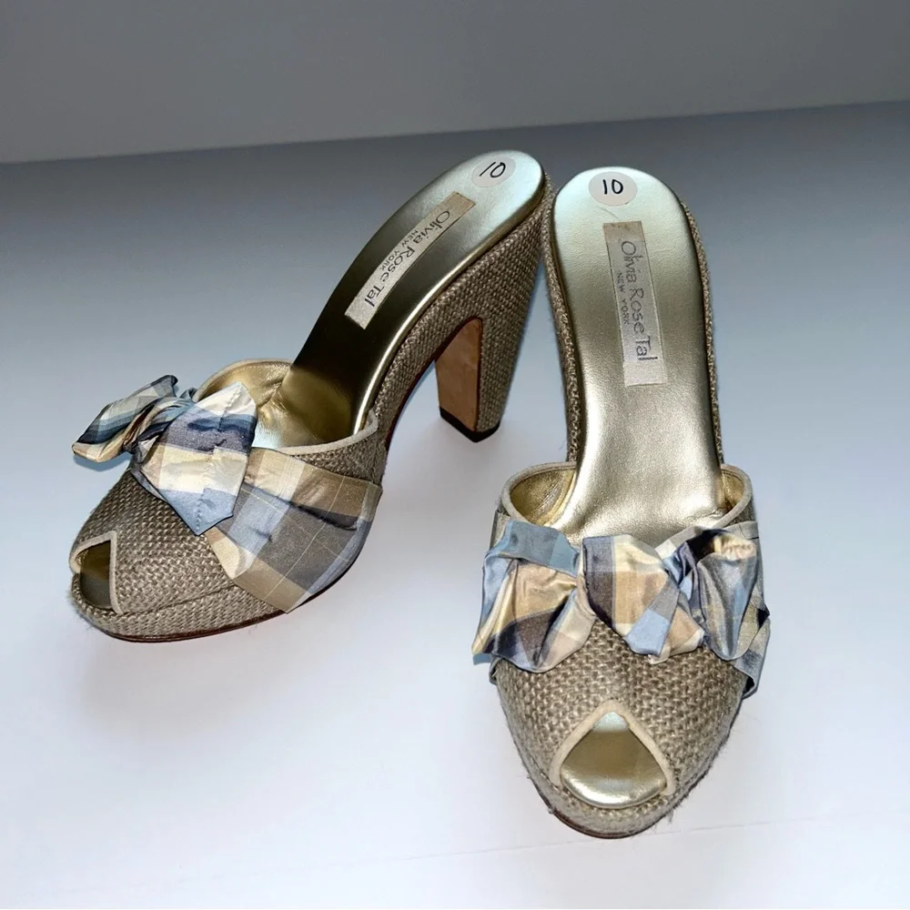 Olivia Rose Tal Peep‎ Toe Mule Pumps Block Heel Plaid Bow